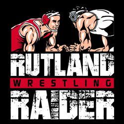 four color wrestling t-shirt design. Wrestlers in up position about heavily distressed school name and macot name in large letters.  Rectangle in a contrasting color with word wrestling as divider.