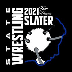 three color state wrestling t-shirt design with side view or wrestler and headgear.  State Wrestling runs vertically up side of design.  Year and team name in script stacked over larger mascot name.