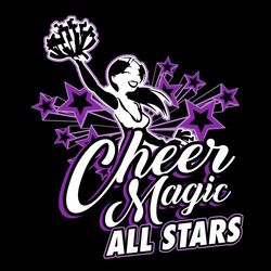 three color cheerleading t-shirt design.  Cheerleader holding poms against background of stars.  Large words Cheer Magic in script below art.  All Stars at the bottom.