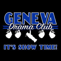 two color drama t-shirt design with stage lights.  School name large at top with Drama Club in script underneath.  "It's Show Time!" at the bottom.