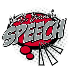 three color speech t-shirt design.  Large word "SPEECH" over word bubble and halftone background. School name smaller in script at the top.  Triangles at the bottom.