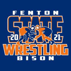 two color state wrestling t-shirt design.  Two wrestlers in up position over large word "STATE".  Word "WRESTLINg" underneath.  School name at top, Mascot name at bottom.