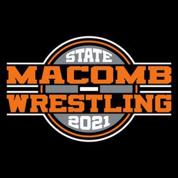 three color state wrestling t-shirt design.  School name and word wrestling stacked over wrestling matt.  Word state arched into the top of matt, year in the bottom.