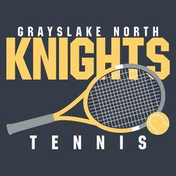 three color tennis t-shirt design.  All block letters, school name staced over large mascot name. Tennis racket on angle with tennis ball below and over letters.  Word tennis at the bottom.