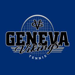 three color tennis t-shirt design.  Head of tennis racquet in background. Logo or mascot on top third, large school name below that in athletic block, mascot name in script below that.