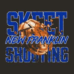 three color trap shooting design with exploding skeet target over large block lettering "SKEET SHOOTING".  School name over top of skeet in hand style font.