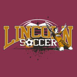 three color soccer t-shirt design.  Top part of soccer ball above large, bridge arched organization name.  Word "soccer" below that with soccer ball as the "O" in soccer.  Player sliding on knees.