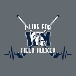 two color field hockey t-shirt design with crossed sticks and ekg lines in background.  "I live for field hockey" and school initials over sticks.