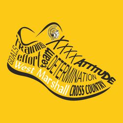 two color cross country t-shirt design with motivational words forming shoe.  Mascot place on tongue of shoe.
