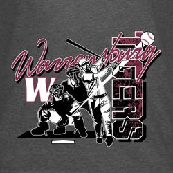 three color baseball t-shit design with batter, catcher and umpire.  Baseball being hit, slashing through the design.  Textured mascot name down side.  Organization name at top in script.