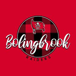 two color t-shirt design.  School name in flowing script over plaid, circular background. Mascot in top half of circle and circle text mascot name at bottom.