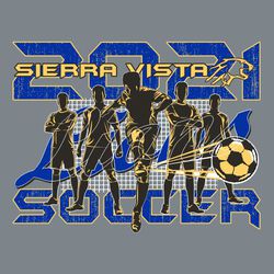 four color soccer t-shirt design.  Five soccer players in various stances over net in background.  Center player kicking ball with movement lines.  Script mascot name large over players.