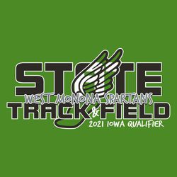 three color state track t-shirt design with Winged foot. Large word "STATE" shows inside foot in an alternate color.  Team name in hand script below that with Track and Field below that.