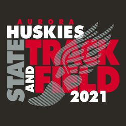 three color state track t-shirt design.  Large winged foot made of diagonal lines placed over words "Track and Field".  Word "State" runs vertical up the side.  Team & mascot name at top.