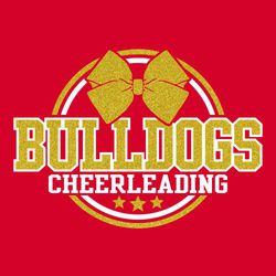 two color cheerleading t-shirt design.  Large bow inside top of circles and stars at the bottom frame mascot name stacked over word cheerleading.