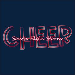 three color cheerleading t-shirt design.  Script school and mascot name on single line placed over word "CHEER".  Large word "CHEER" created with partial outline.