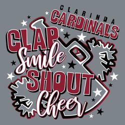 three color cheerleading t-shirt design with large outline megaphone and pom pons.  Lettering stacked and arranged inside art with stars arranged around design. Clap, Smile, Shout and Cheer.