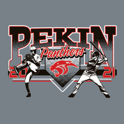 three color baseball design with pitcher on viewers left and batter on right.  Home place centered with mascot and mascot name in script over it.  School name arched at the top.