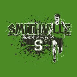 two color track t-shirt design. Splatter background with runner on side. School name across front over runner.  Mesh distress pattern over art.  Track and Field small in script.  logo below lettering.