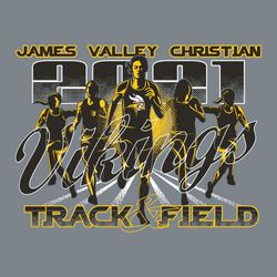 three color girls track t-shirt design with runners moving toward the viewer down track lanes.  Mascot name in script over runners.  School name at top, Track & Field at bottom.