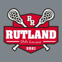 three color state lacrosse t-shirt design with crossed sticks over shield.  School name over center.  Mascot or logo at top and year at the bottom inside shield.