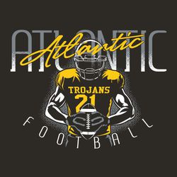 three color football t-shirt design.  Football player centered and front facing on design clutching a football.  Team name in block and script at the top of design. Football in circle text at bottom.