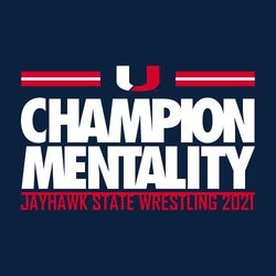 two color state wrestling t-shirt design. Three split bars at the top with team logo or mascot centered.  CHAMPION MENTALITY large and stacked in the center of the design. detail info at bottom.