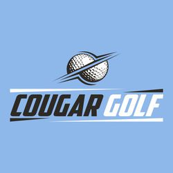 two color golf t-shirt design.  Split golf ball centered at the top of design.  Mascot name and word "golf" on one line in different colors.  Lettering framed with angular shapes.