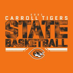 two color state basketball t-shirt design.  Team & mascot name one line. Stacked below that very large word STATE then BASKETBALL.  Shading in letters.  Divider lines at bottom with centered mascot.