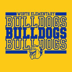 elementary school t-shirt design.  bar at top with school name centered.  Mascont name large, stacked that repeats 3 times.  middle lettering is solid, top and bottom are outlines.  Mascot on bottom.