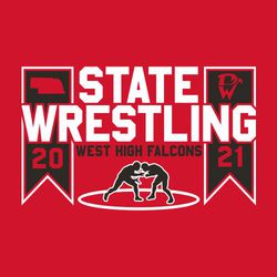 two color state wrestling t-shirt design. Large lettering "state wrestling" stack over two banners.  Banner on viewers left has the shape of a state in it, right banner has the team mascot/logo.