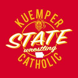 two color state wrestling t-shirt design.  Team information in circle text above and below wrestling mat. Large word "State" over smaller word "wrestling" centered.  Mascot above and state shape below