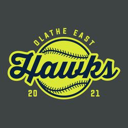 two color softball t-shirt design. Script mascot name through fluorescent yellow softball.  Circle text team name at top.  split year below on each side of ball.