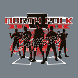 three color baseball design with 5 baseball players in varying stances standing over batters boxes.  Team name at top placed over state and banner with year. Script mascot name in outline over players