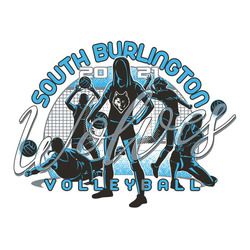 three color volleyball t-shirt design with 5 players in varying stances.  Net in background.   Team name at top in circle text.  word "volleyball" at the bottom.  Rounded text style.  Masot on player.