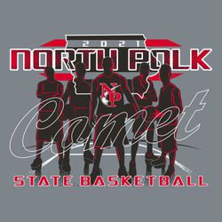 three color state basketball t-shirt design. Five players in varying stances.  court lines and state outline in the background.  Team name over state outline.  "State basketball" at the bottom.