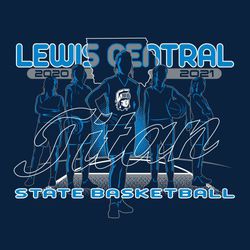 Three color girls state basketball t-shirt design. Five female players in varying stances placed over court lines and outline of state.  Team name at top, State Basketball at bottom in rounded font.