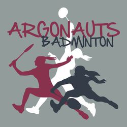 three color badminton t-shirt art with outlines of three players in motion stacked over each other.  Team name and word badminton at the top, stacked in a hand style font.