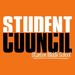 two color student council t-shirt design. Student Council stacked and in different colors.  Lettering is knocked out where words overlap.  script school name at bottom.