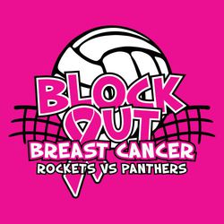 two color fight against cancer volleyball t-shirt design.  Volleyball in net with words "BLOCK OUT BREAST CANCER" over ball.  Cancer ribbon forms the "O" in "out".