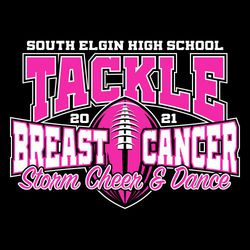 two color fight against cancer football t-shirt design.  Tackle Breast Cancer lettering over football.  School name in block lettering at the top.