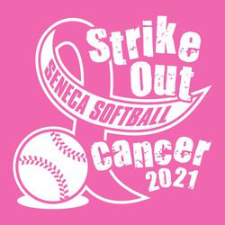 one color fight against cancer softball t-shirt design.   "Strike out Cancer" in distressed font.  Cancer ribbon with team information in ribbon.  Softball on lower corner.