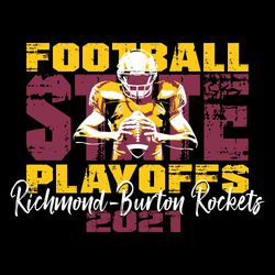 three color state football t-shirt design.  football player clutching football over heavily distressed, stacked lettering that says "football state playoffs".  Script school and mascot name at bottom.