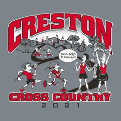 three color cross country t-shirt design with cartoon style runners on hilly course.