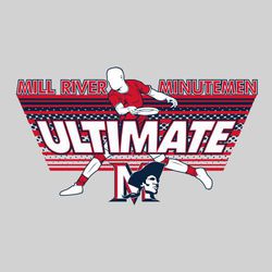 three color ultimate t-shirt design.  Male player throwing disc with large word "ULTIMATE".  Logo or mascot centered at bottom.   Patterned background with team name and mascot name above it.