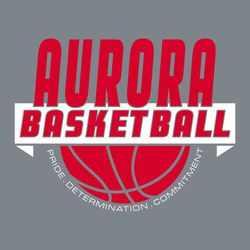 two color basketball t-shirt design with large organization name at top, word basketball in a banner and half ball at bottom.  Pride determination commitment in circle text around ball.