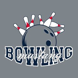 three color bowling t-shirt design.  Bowling ball (large) with falling pins in the background.  Word Bowling large with mascot name over it in script.