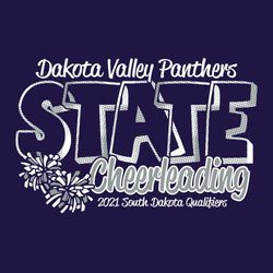 two color state cheerleading t-shirt design.  Large word state with open interiors and shading.  Script team and mascot name at top.  Script word "Cheerleading" at the bottom with pom poms.