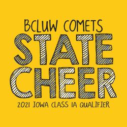 three color state cheer t-shirt design.  Hand style fonts.  Team and mascot name at top.  STATE CHEER large and stacked with shading and diagonal lines through letters. Qualifer info at bottom.