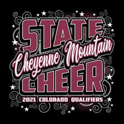 three color state cheer design. Swirls, stars and halftone dots in the background.  State Cheer large and stacked with a diagonal space in the middle for team name in script.